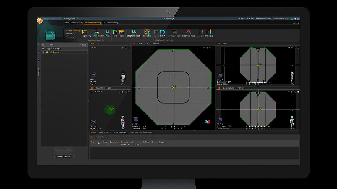 PATIENT QA Treatment plan calculated on RUBY phantom with PATIENT QA Detector insert as shown in the treatment planning system. The CT markers are clearly visible, allowing an accurate positioning of the isocenter.